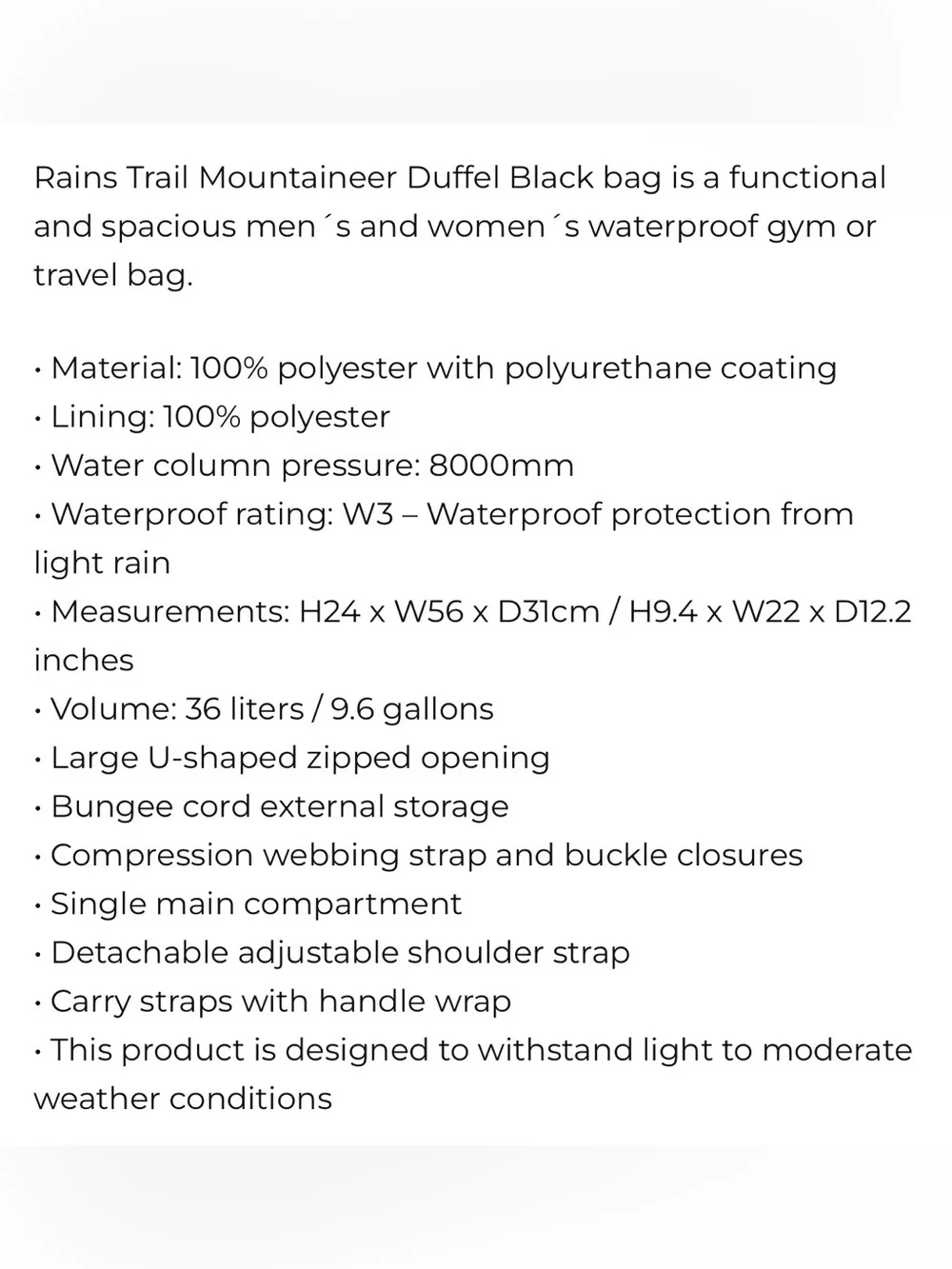 NWT Rains Black Mountaineer Duffle Bag Waterproof Unisex Gift Travel Gym